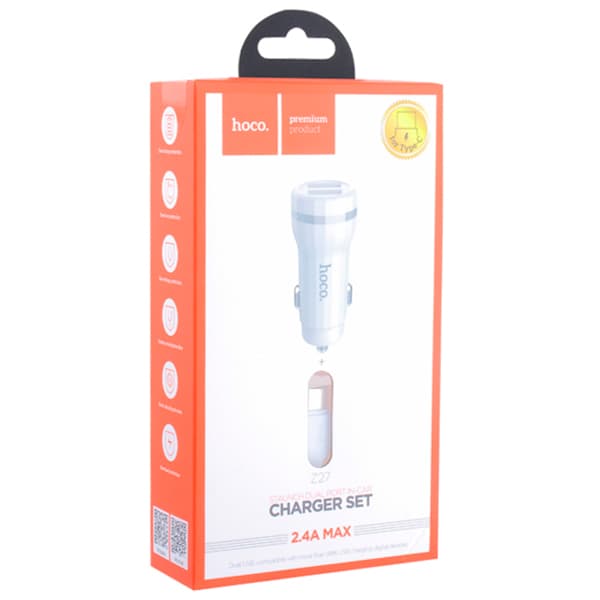Разделитель автомобильный Hoco Z27 Staunch dual port in-car Charger with cable Type-C (2USB: 5V & 2.4A) Белый